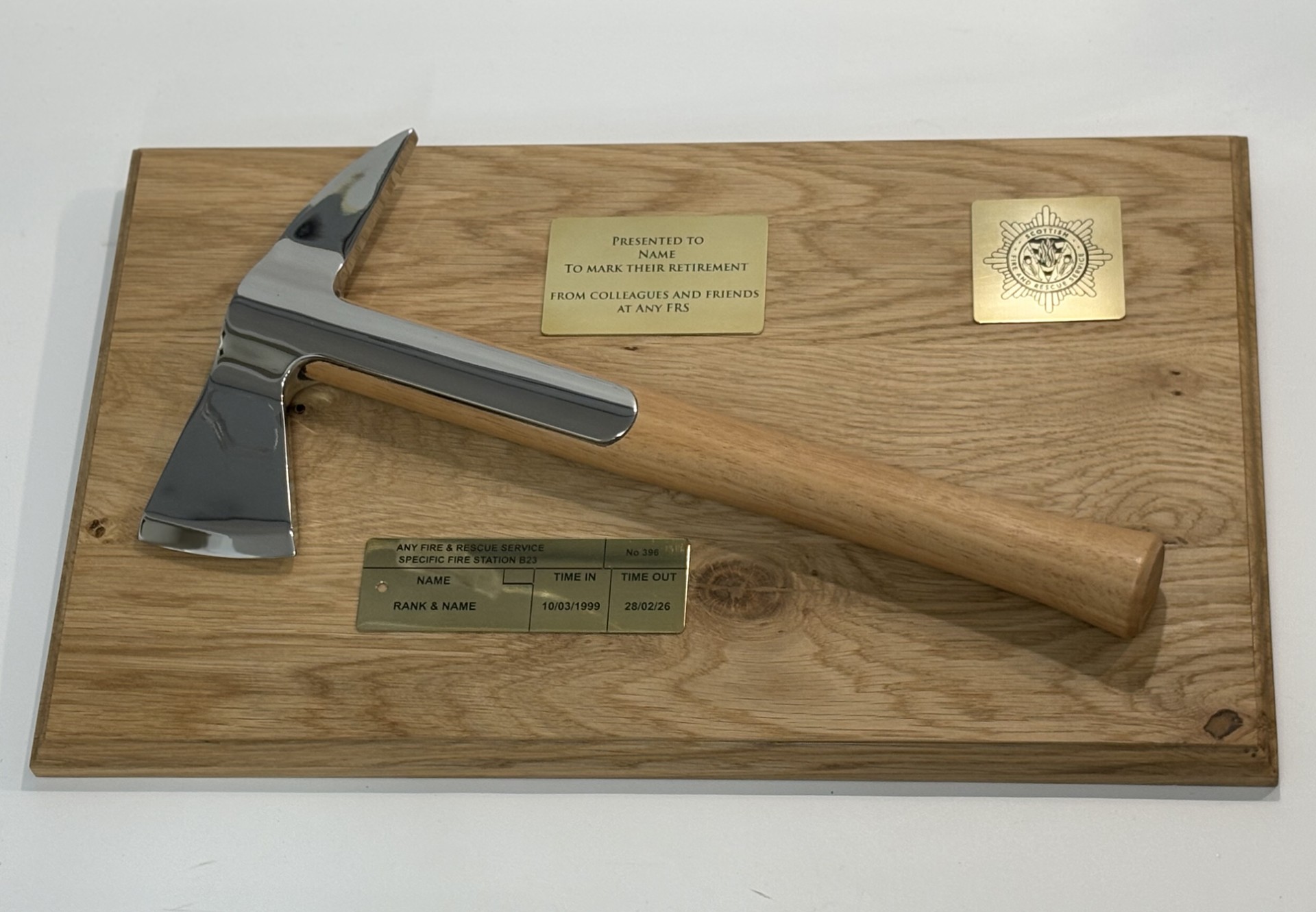 Firefighter Presentation Axe on Solid Oak Base - Solid Brass - Image 2