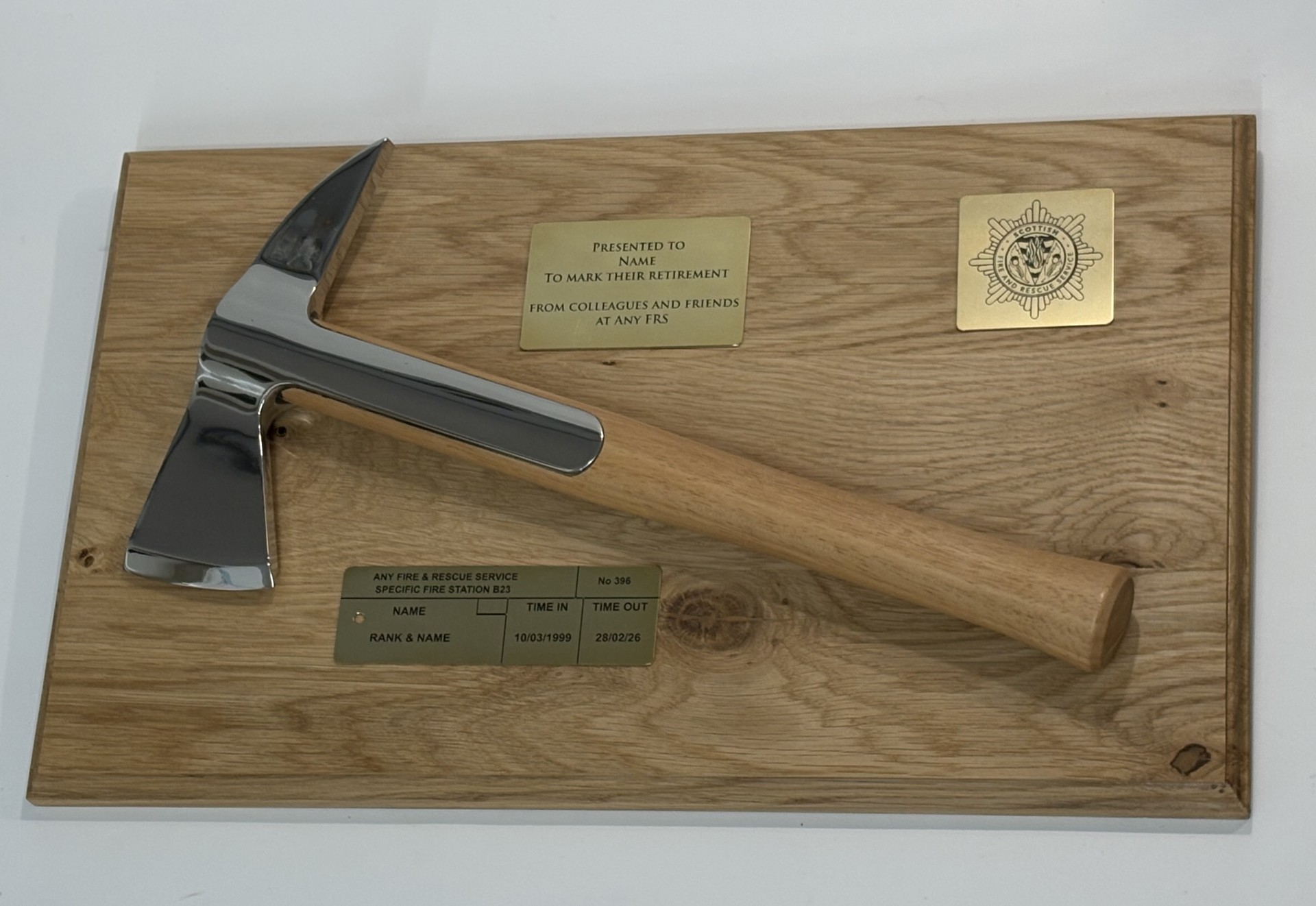 Firefighter Presentation Axe on Solid Oak Base - Solid Brass - Image 3