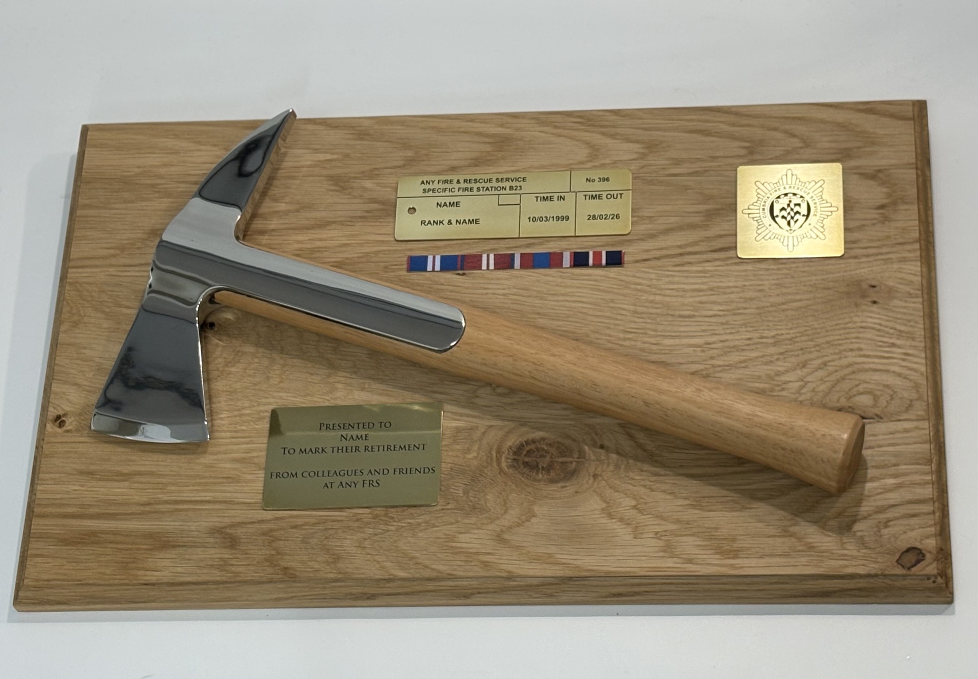 Firefighter Presentation Axe on Solid Oak Base - Solid Brass